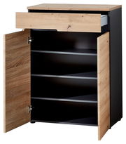 Garderobenschrank mit Holzoptik, geöffnete Türen und Schublade, Frontalansicht