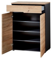 Garderobenschrank mit Holzoptik, geöffnete Türen und Schublade, Frontalansicht