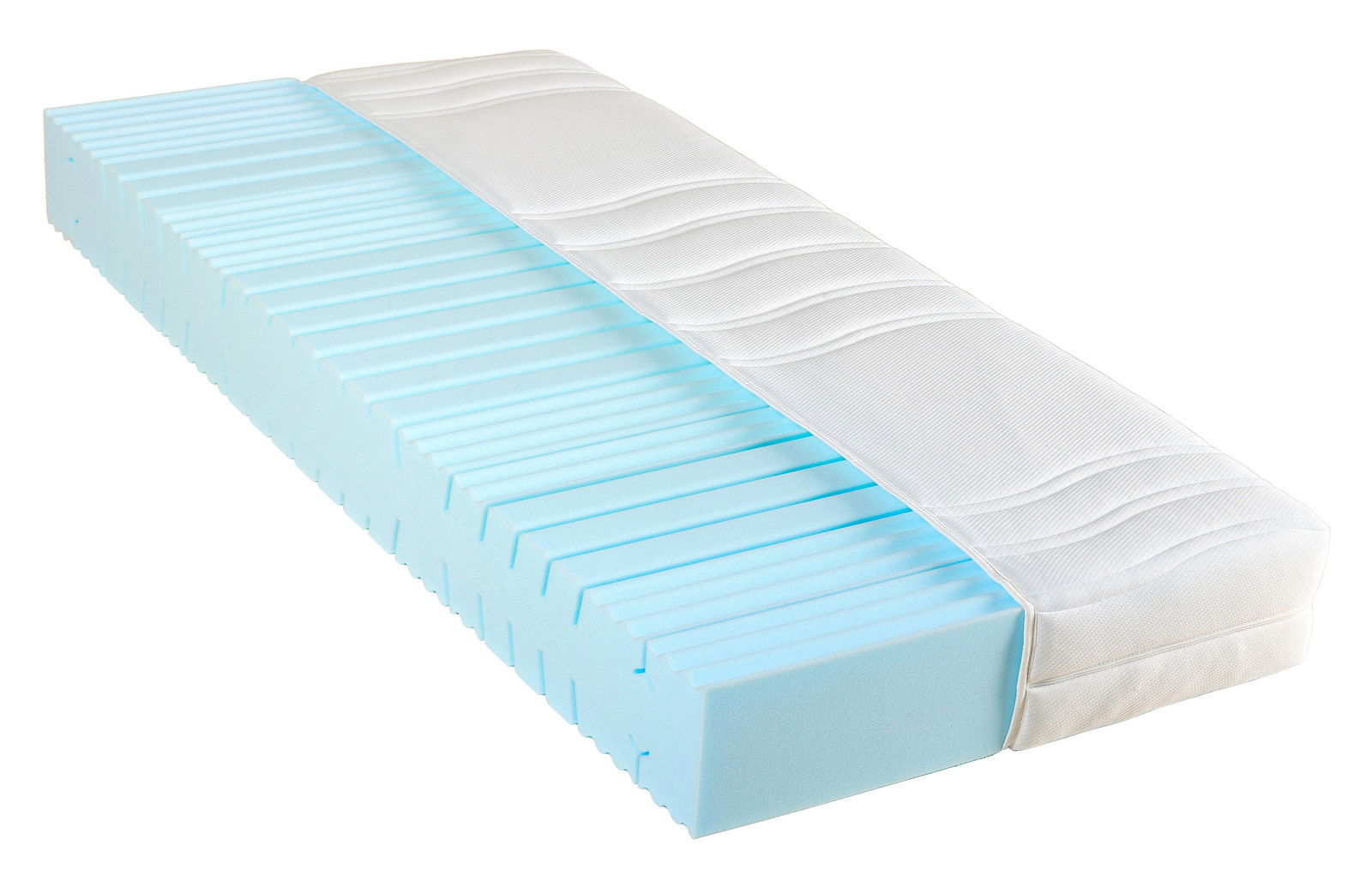 Sleeptex Matratzen-Rahmen-Set H2 VIRTUS Matratzen-Rahmen-Set H2 in seitlicher Perspektive mit sichtbarem Schaumstoffkern und weißem Bezug