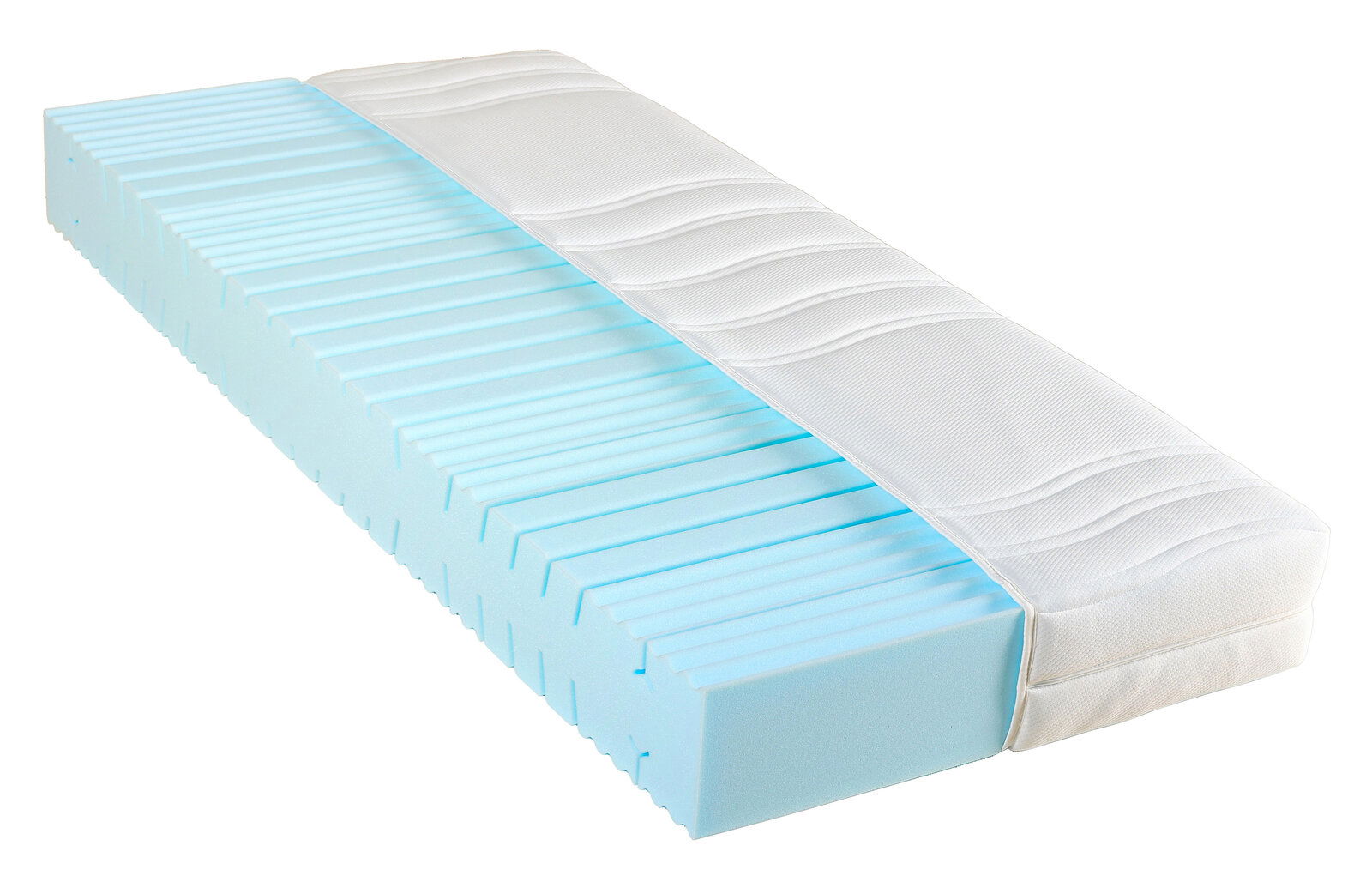 Sleeptex Matratzen-Rahmen-Set H2 VIRTUS Matratzen-Rahmen-Set H2 in seitlicher Perspektive mit sichtbarem Schaumstoffkern und weißem Bezug