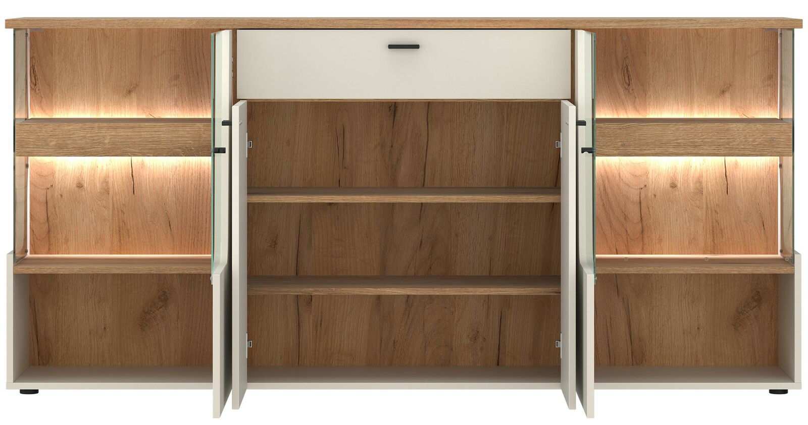 Frontale Ansicht eines modernen Sideboards mit Holzoptik, offenen Regalen und Beleuchtung.