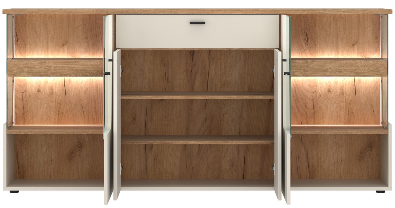 Frontale Ansicht eines modernen Sideboards mit Holzoptik, offenen Regalen und Beleuchtung.