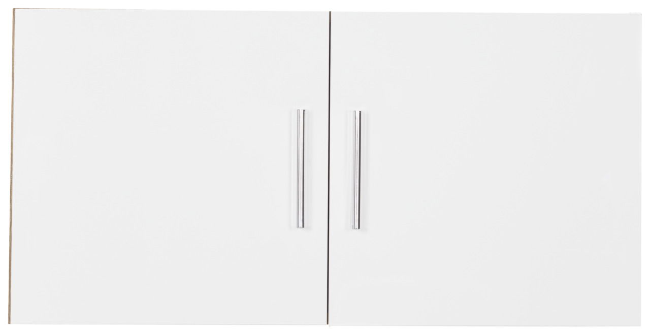 Frontansicht eines weißen Schranks mit zwei Türen und silbernen Griffen.