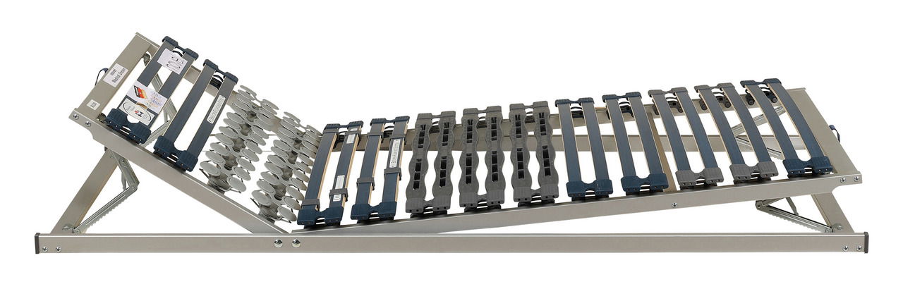 Verstellbarer Federholzrahmen KF in seitlicher Perspektive, zeigt die flexible Lattenkonstruktion und die Hebemechanik.