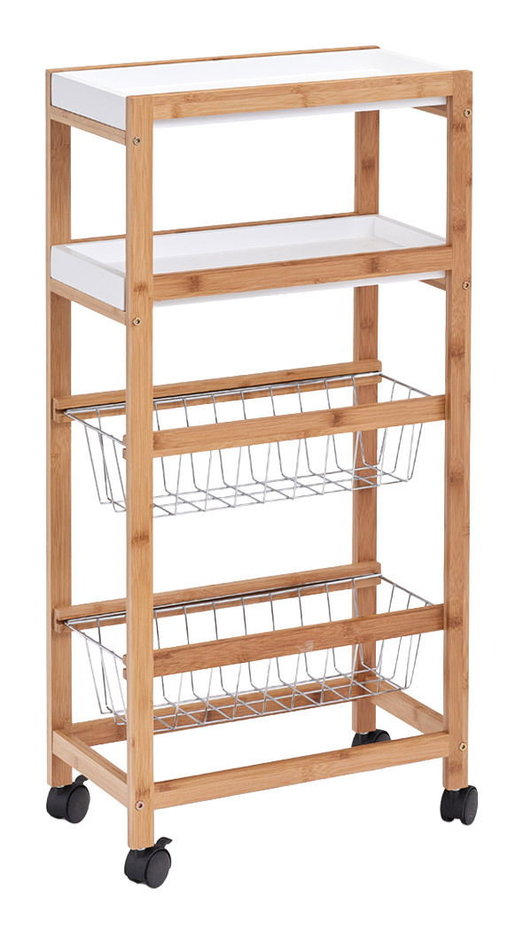 Nischen-Rollwagen aus Holz mit zwei weißen Ablagen und zwei Metallkörben, auf Rollen, seitliche Perspektive