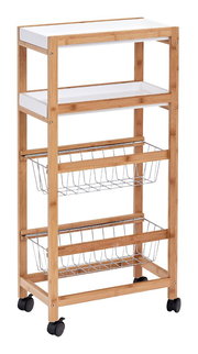 Nischen-Rollwagen aus Holz mit zwei weißen Ablagen und zwei Metallkörben, auf Rollen, seitliche Perspektive