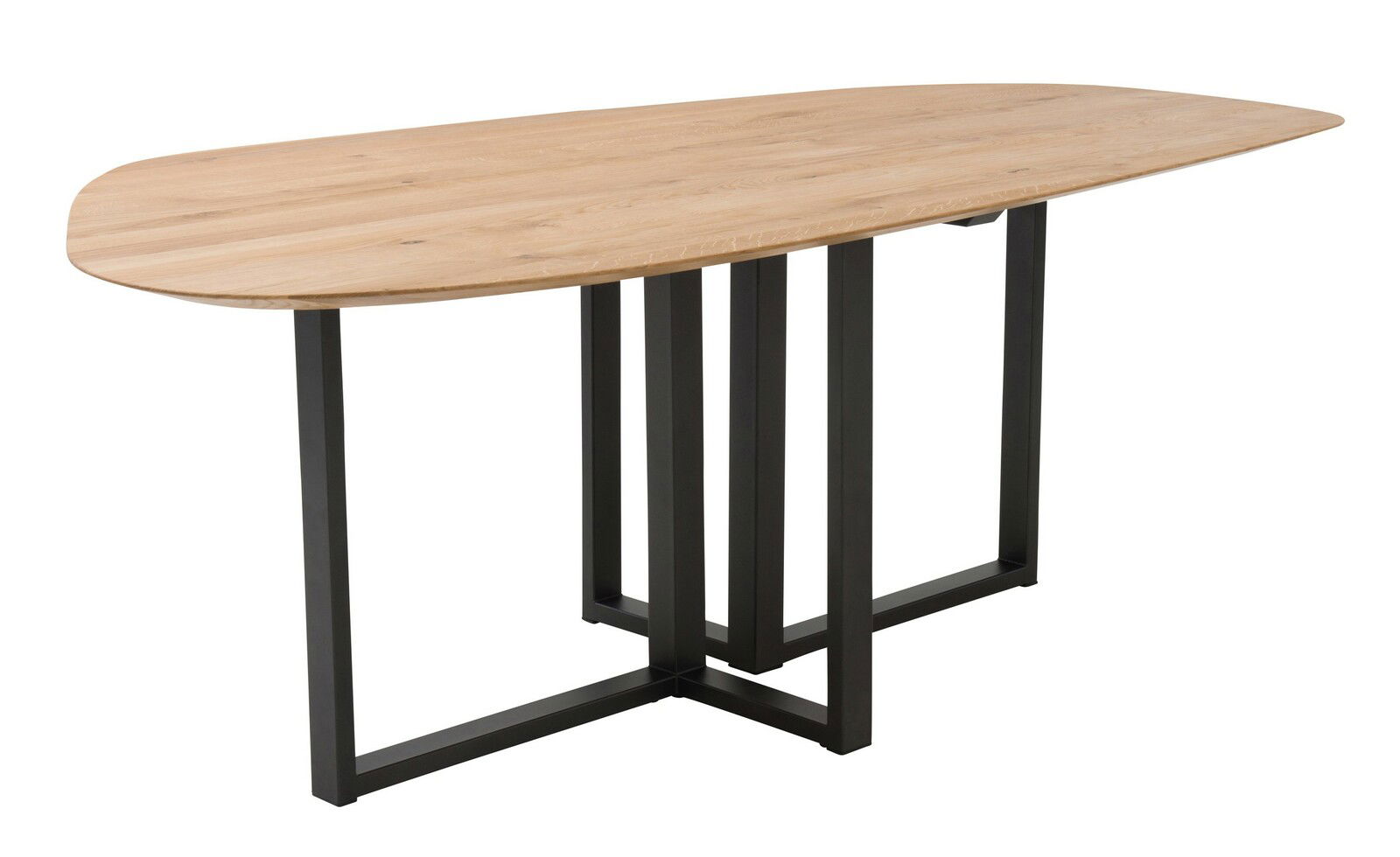Moderner Esstisch mit ovaler Holzplatte und schwarzem Metallgestell, seitliche Perspektive