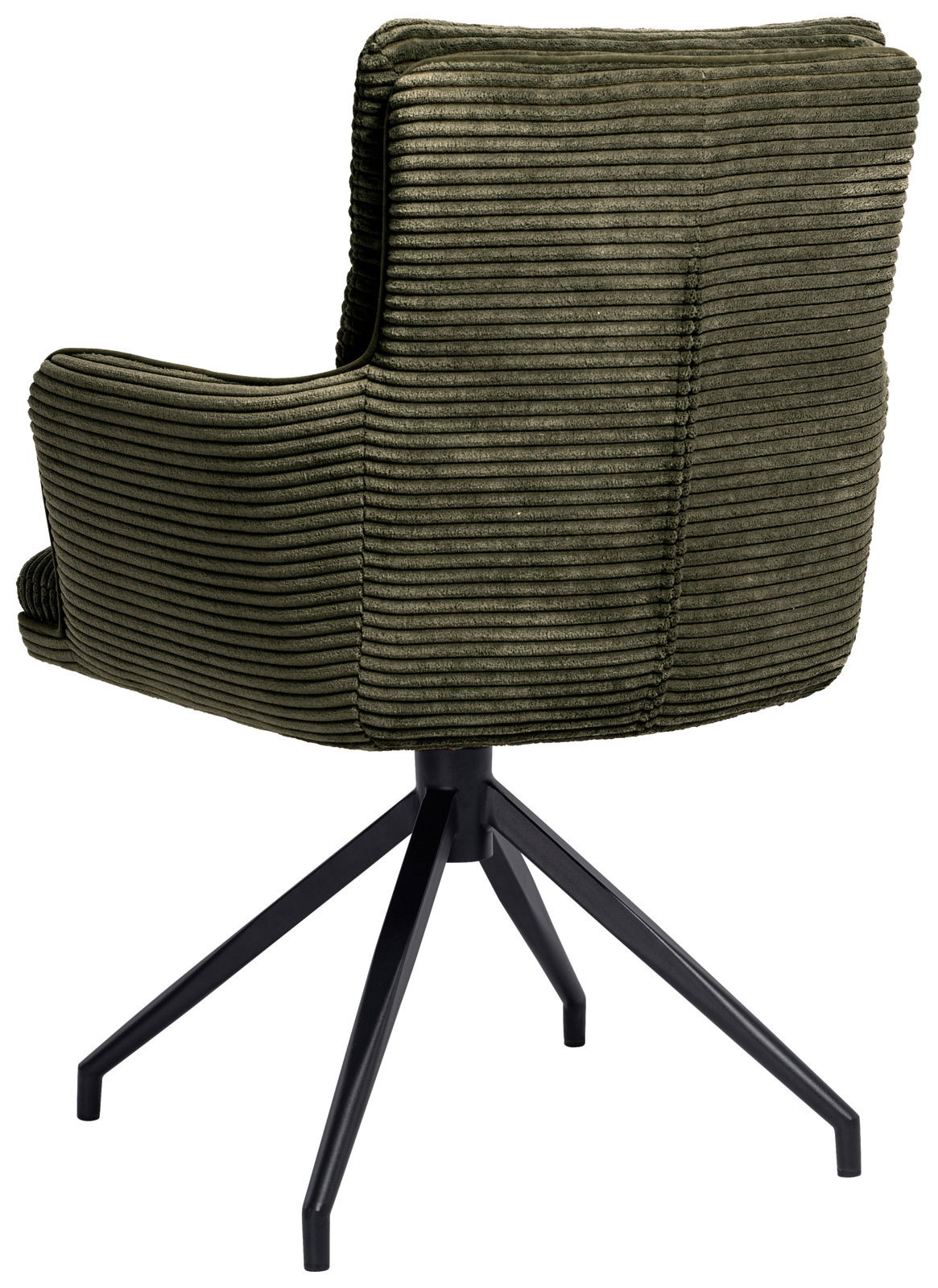 Rückansicht eines grünen Armlehnstuhls mit geripptem Stoffbezug und schwarzem Metallgestell.