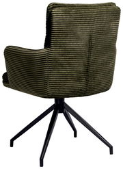 Rückansicht eines grünen Armlehnstuhls mit geripptem Stoffbezug und schwarzem Metallgestell.