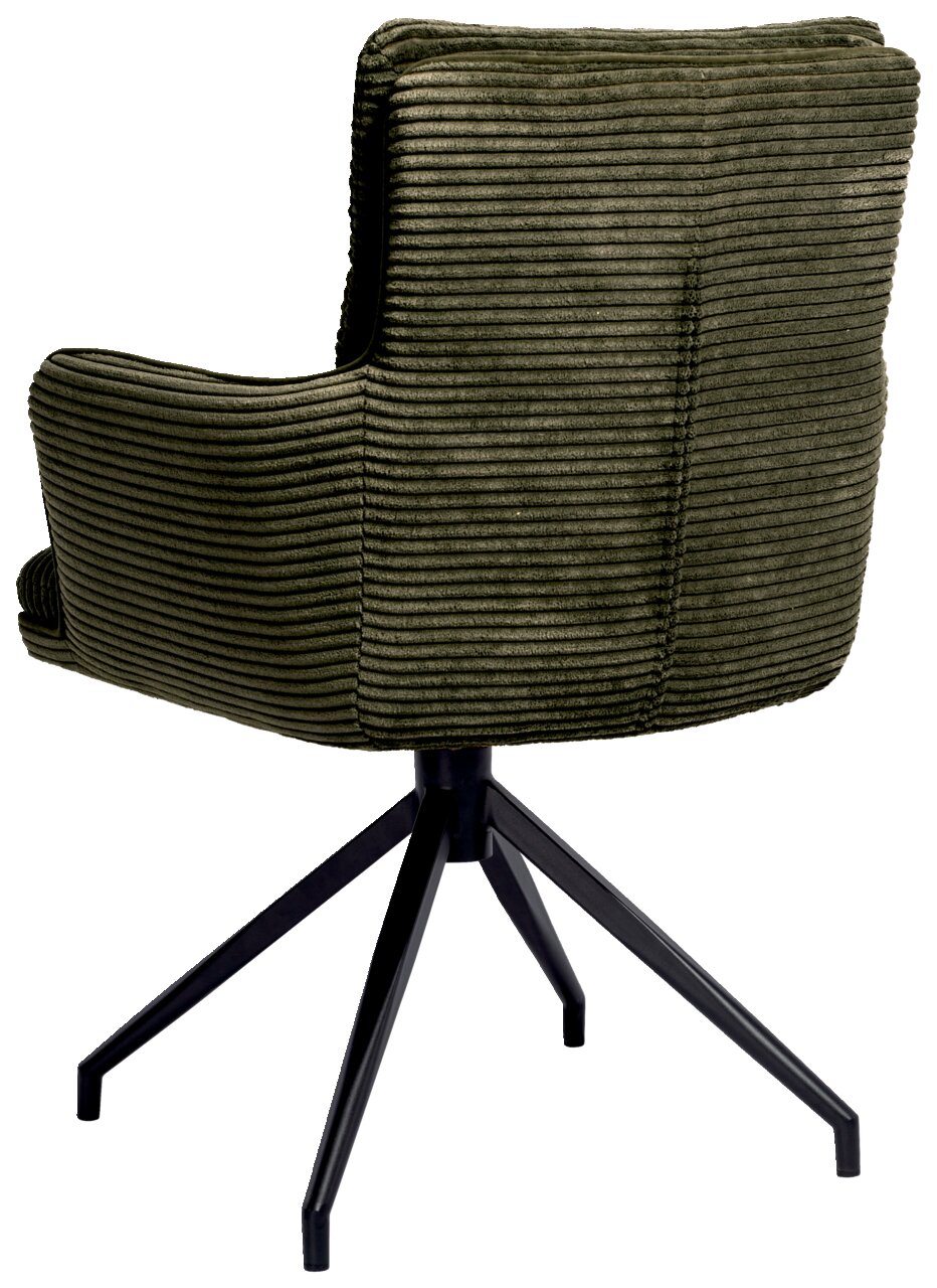 Rückansicht eines grünen Armlehnstuhls mit geripptem Stoffbezug und schwarzem Metallgestell.