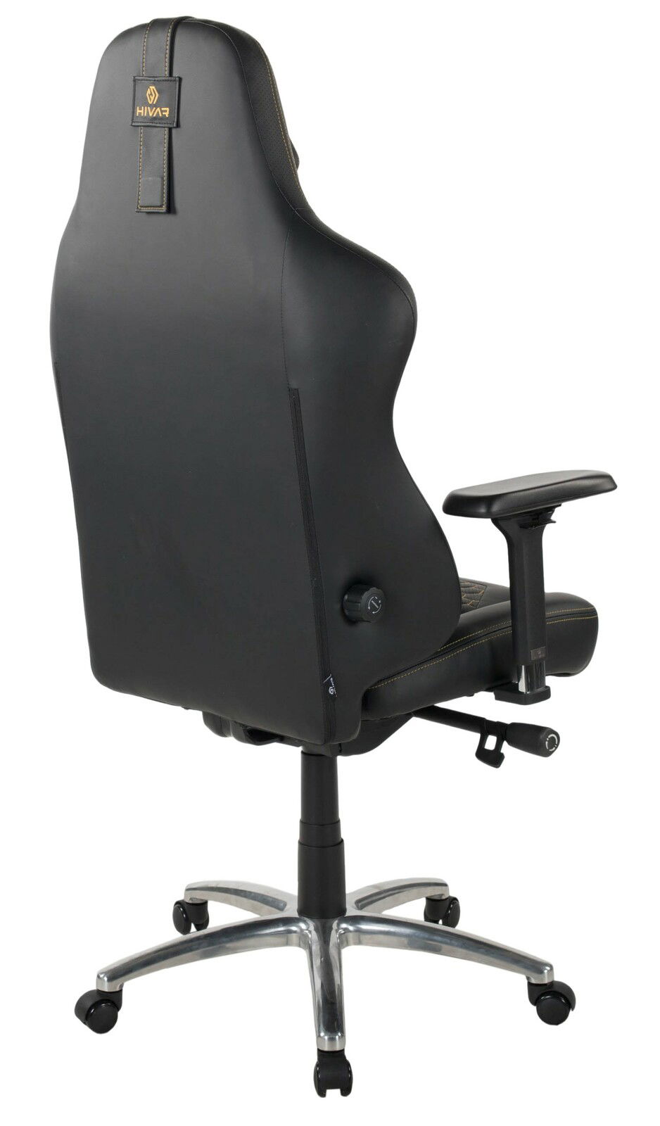 Rückansicht eines schwarzen Gaming-Stuhls mit verstellbaren Armlehnen und stabiler Metallbasis.