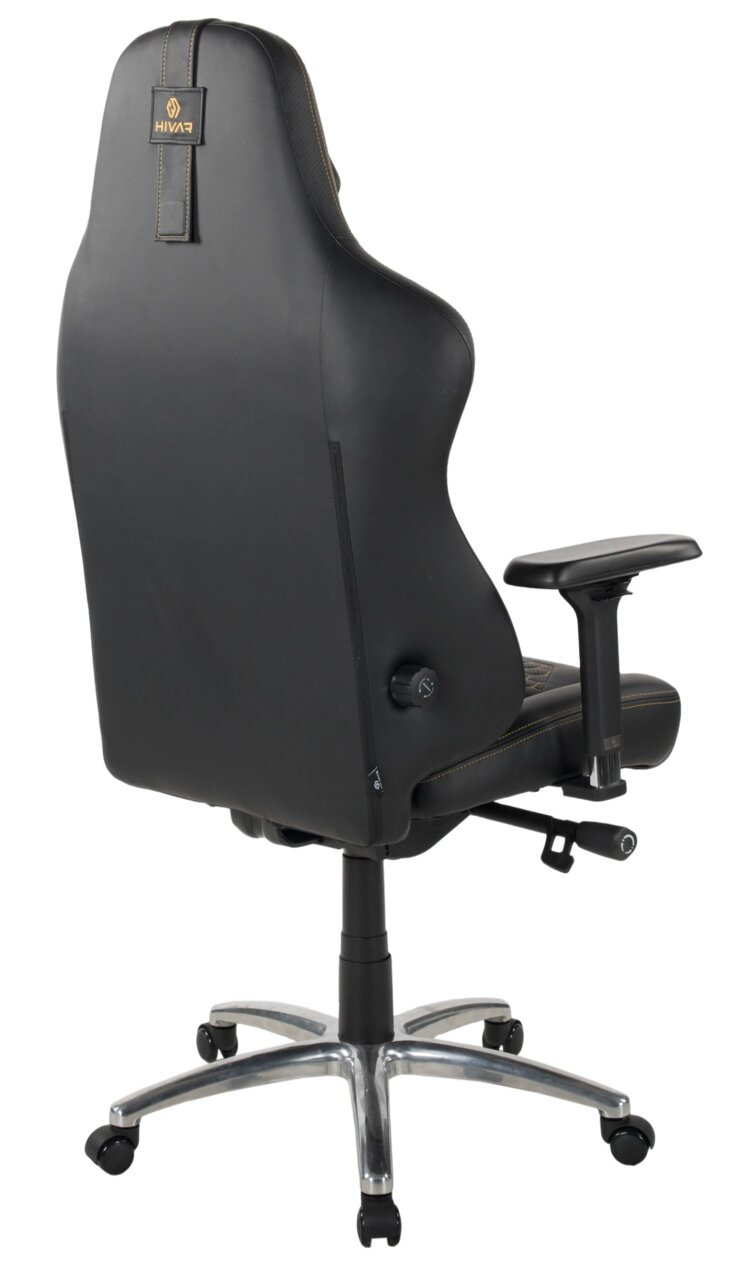 Rückansicht eines schwarzen Gaming-Stuhls mit verstellbaren Armlehnen und stabiler Metallbasis.