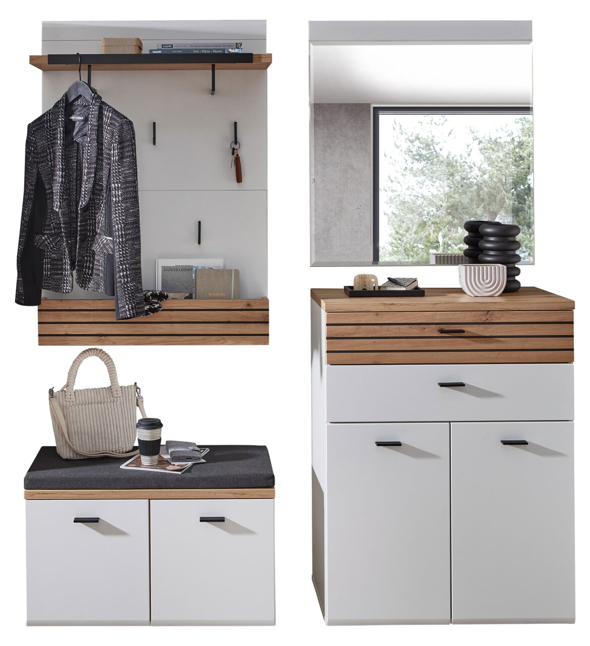 Garderobenkombination Set 83 in moderner Perspektive, bestehend aus einem Wandregal mit Haken, einem Spiegel, einer Sitzbank mit Stauraum und einem Schrank mit Holz- und Weißakzenten.