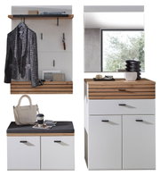 Garderobecombinatie Set 83 in een moderne stijl, bestaande uit een wandrek met haken, een spiegel, een bankje met opbergruimte en een kast met houten en witte accenten.