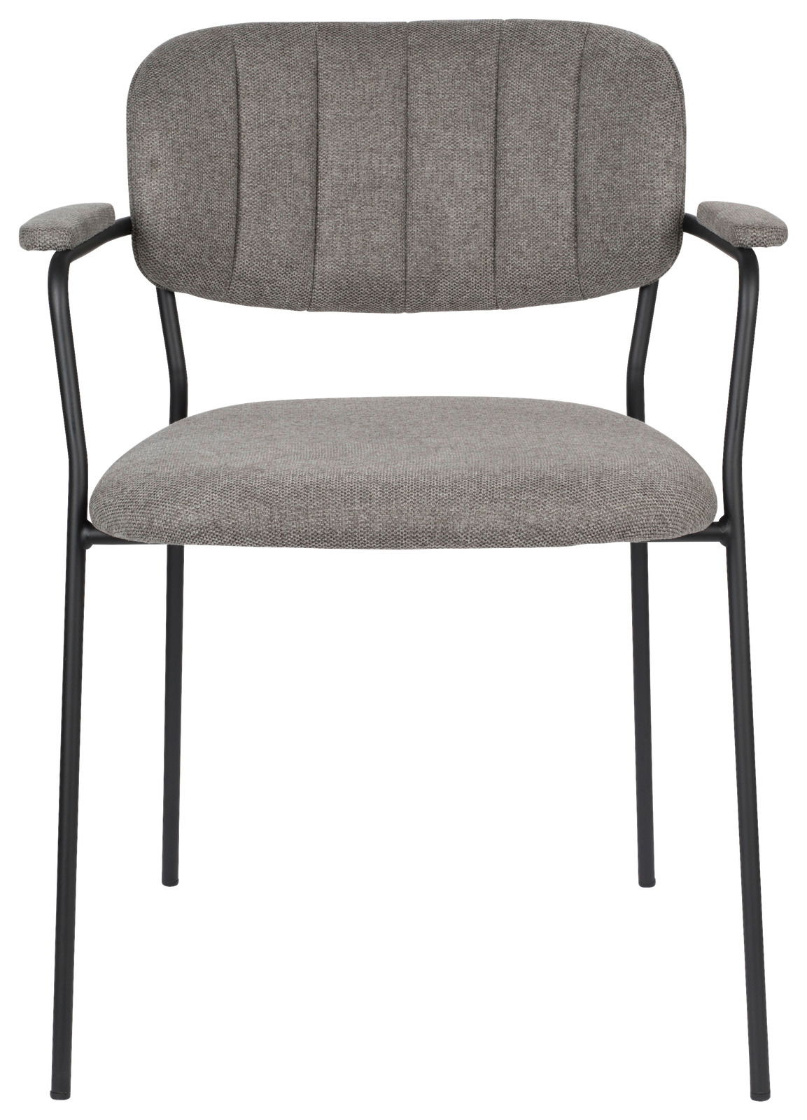 Grauer Armlehnenstuhl mit schwarzem Metallgestell, Vorderansicht