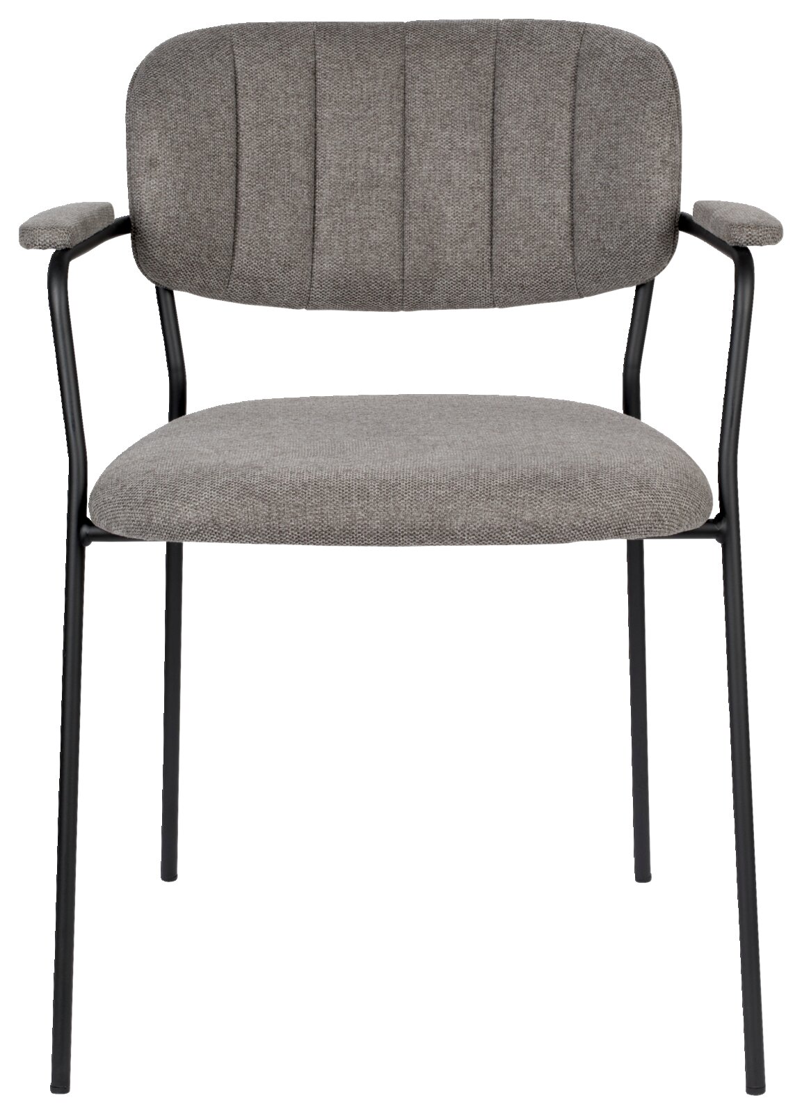Grauer Armlehnenstuhl mit schwarzem Metallgestell, Vorderansicht