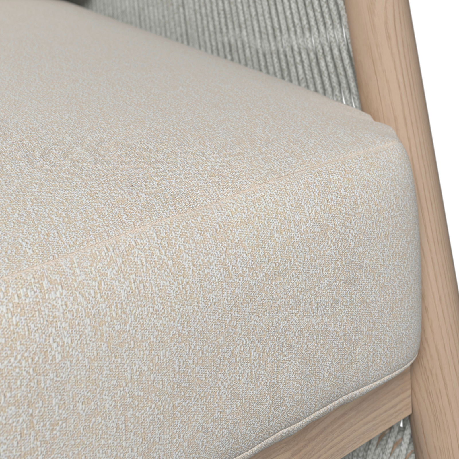 Nahaufnahme eines Loungegarnitur-Sitzkissens mit beigem Stoffbezug und Holzrahmen, seitliche Perspektive.