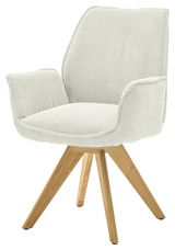 Moderner Armlehnstuhl mit hellem Stoffbezug und Holzbeinen, seitliche Perspektive