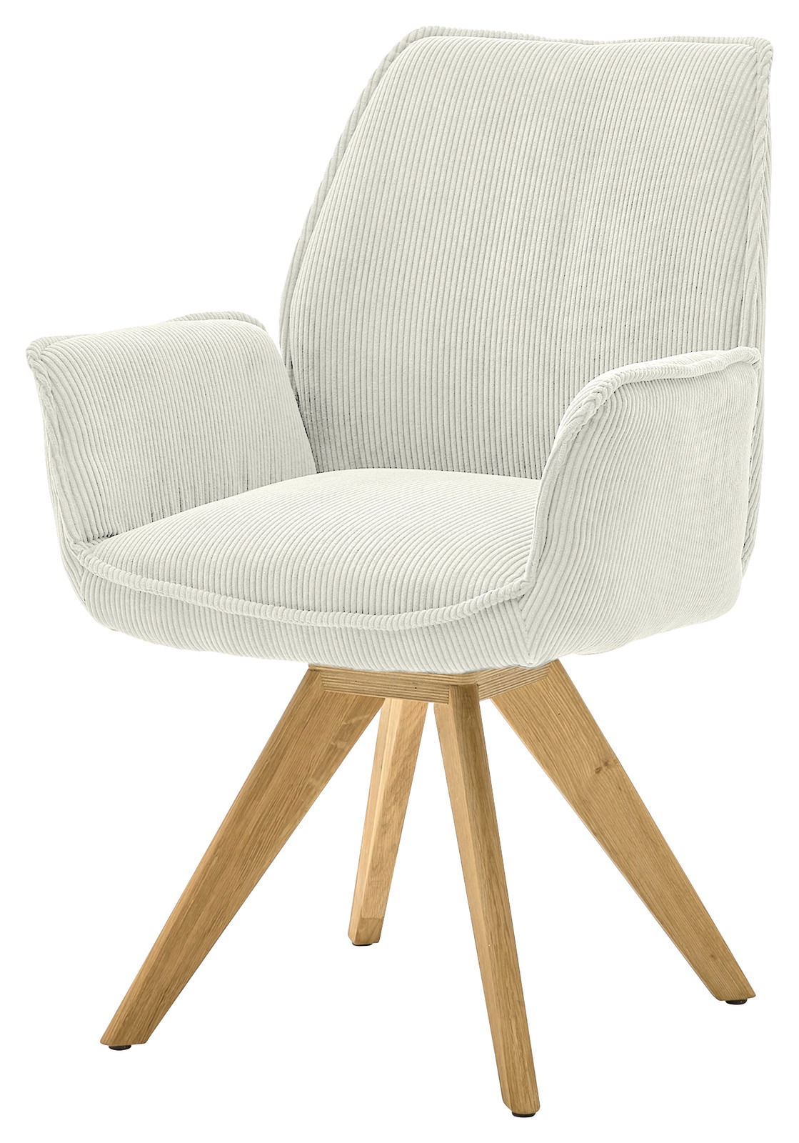 Moderner Armlehnstuhl mit hellem Stoffbezug und Holzbeinen, seitliche Perspektive