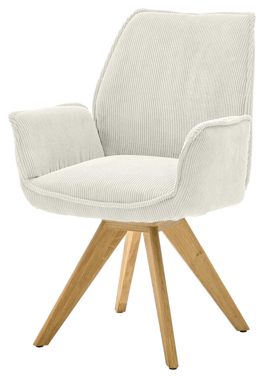 Moderner Armlehnstuhl mit hellem Stoffbezug und Holzbeinen, seitliche Perspektive