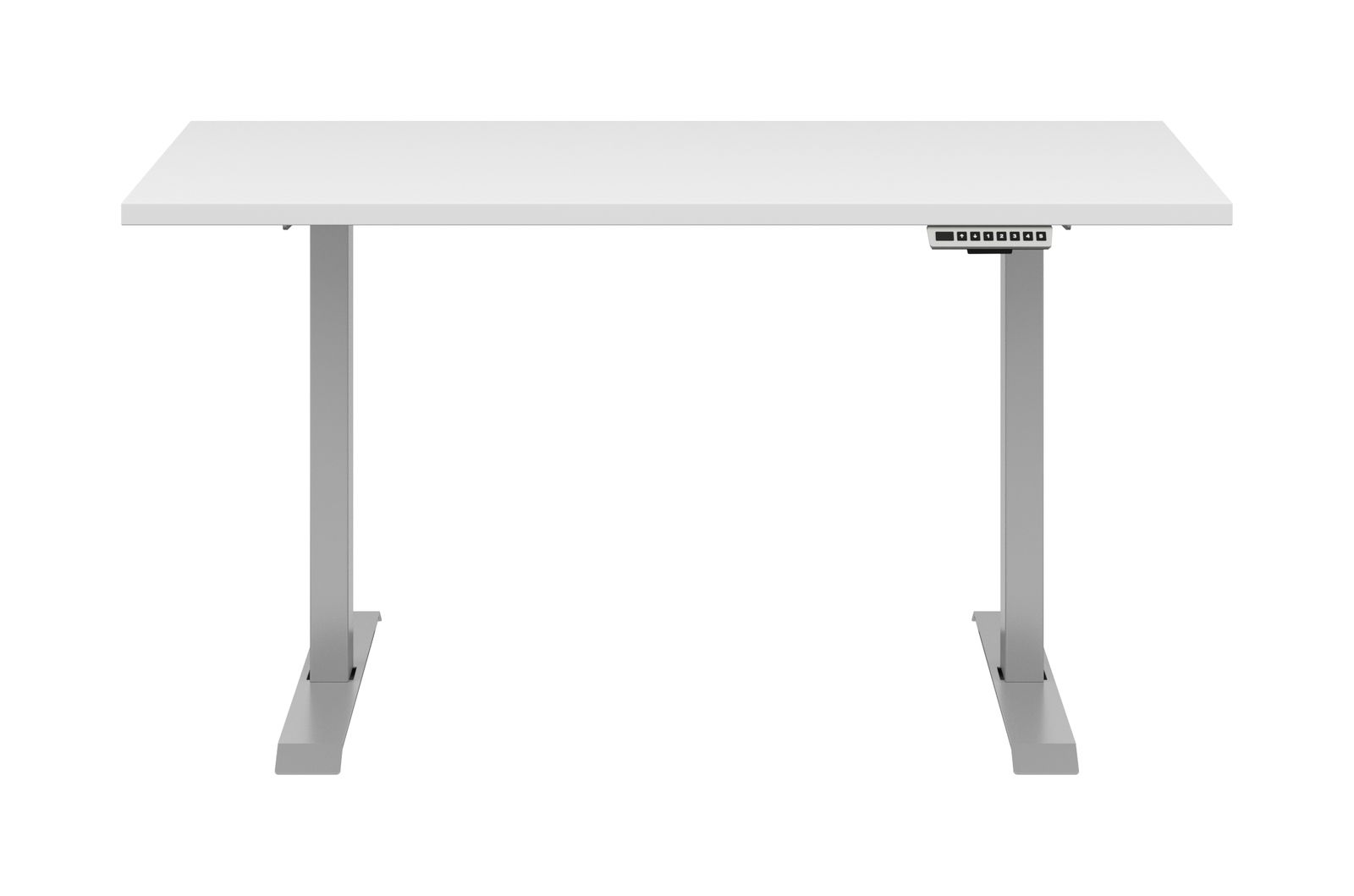 Moderner E-Schreibtisch in Weiß mit grauen Beinen, Frontalansicht