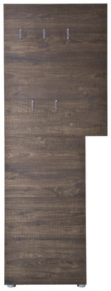 Frontale Ansicht einer Garderobenwand in Holzoptik mit mehreren Haken.