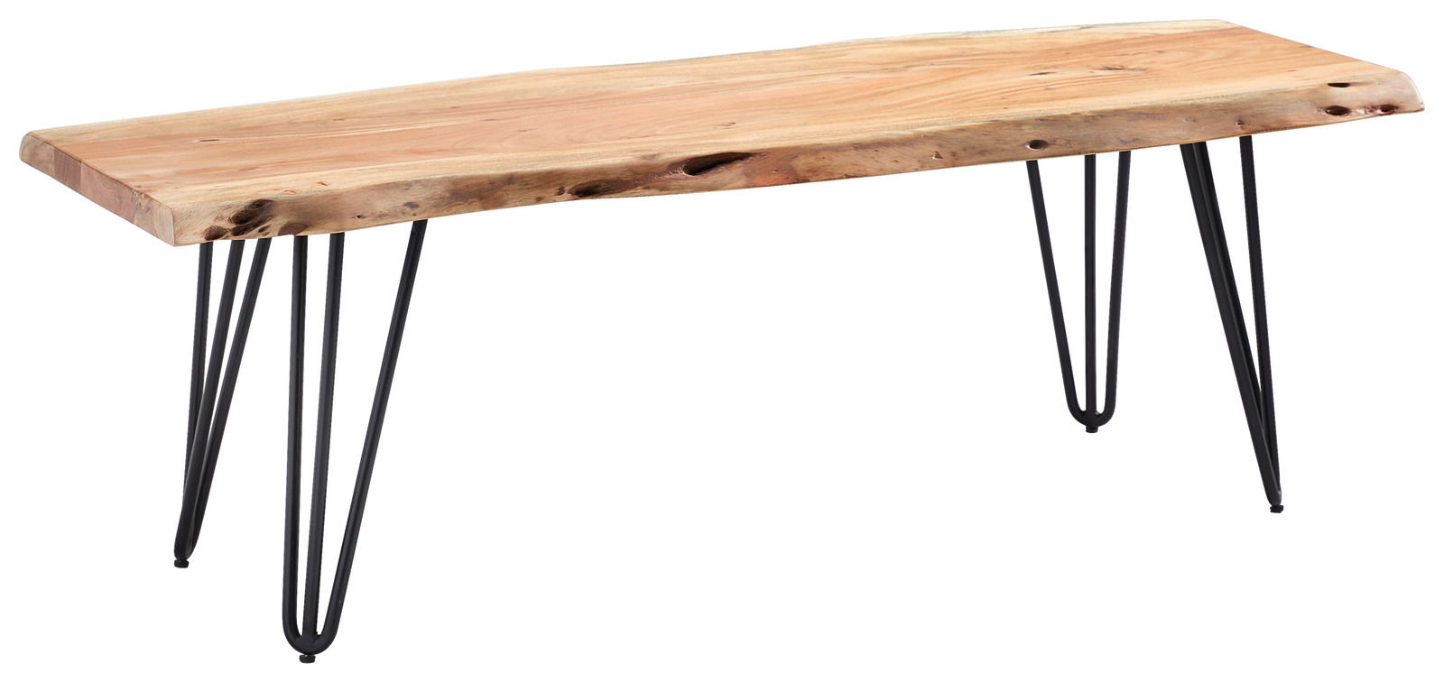 Holzbank mit natürlicher Kante und schwarzen Metallbeinen, seitliche Perspektive