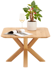 Moderner Beistelltisch aus Holz mit X-förmigen Beinen, darauf eine Pflanze, ein Weinglas und ein aufgeschlagenes Magazin, aus frontaler Perspektive.