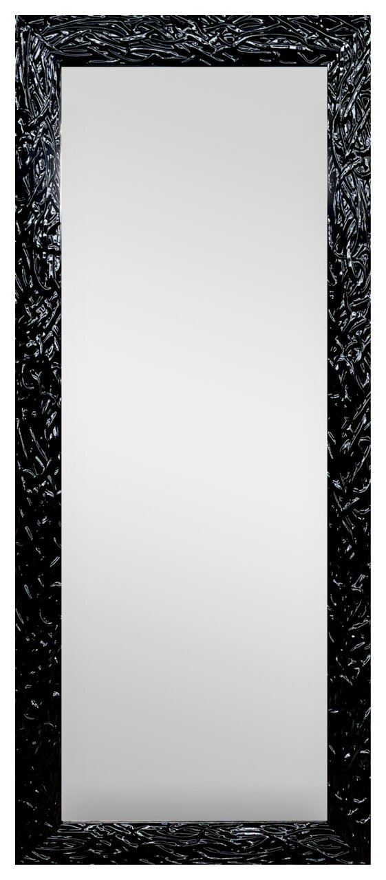 Großer rechteckiger Spiegel mit dekorativem, schwarzem Rahmen, frontal betrachtet.