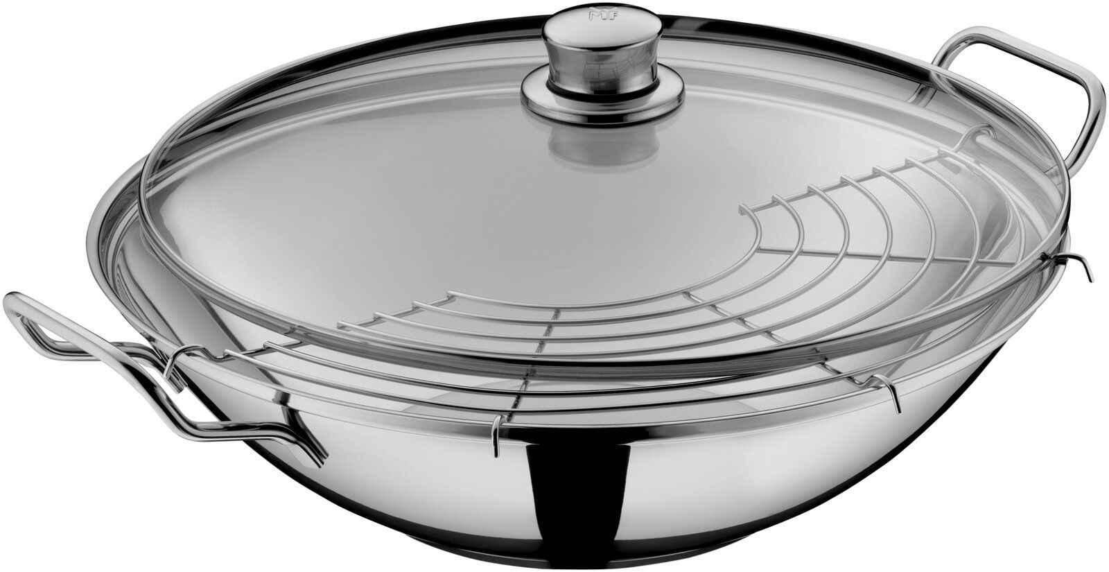 Wokpfanne aus Edelstahl mit Glasdeckel und Dampfgarer-Einsatz, seitliche Perspektive