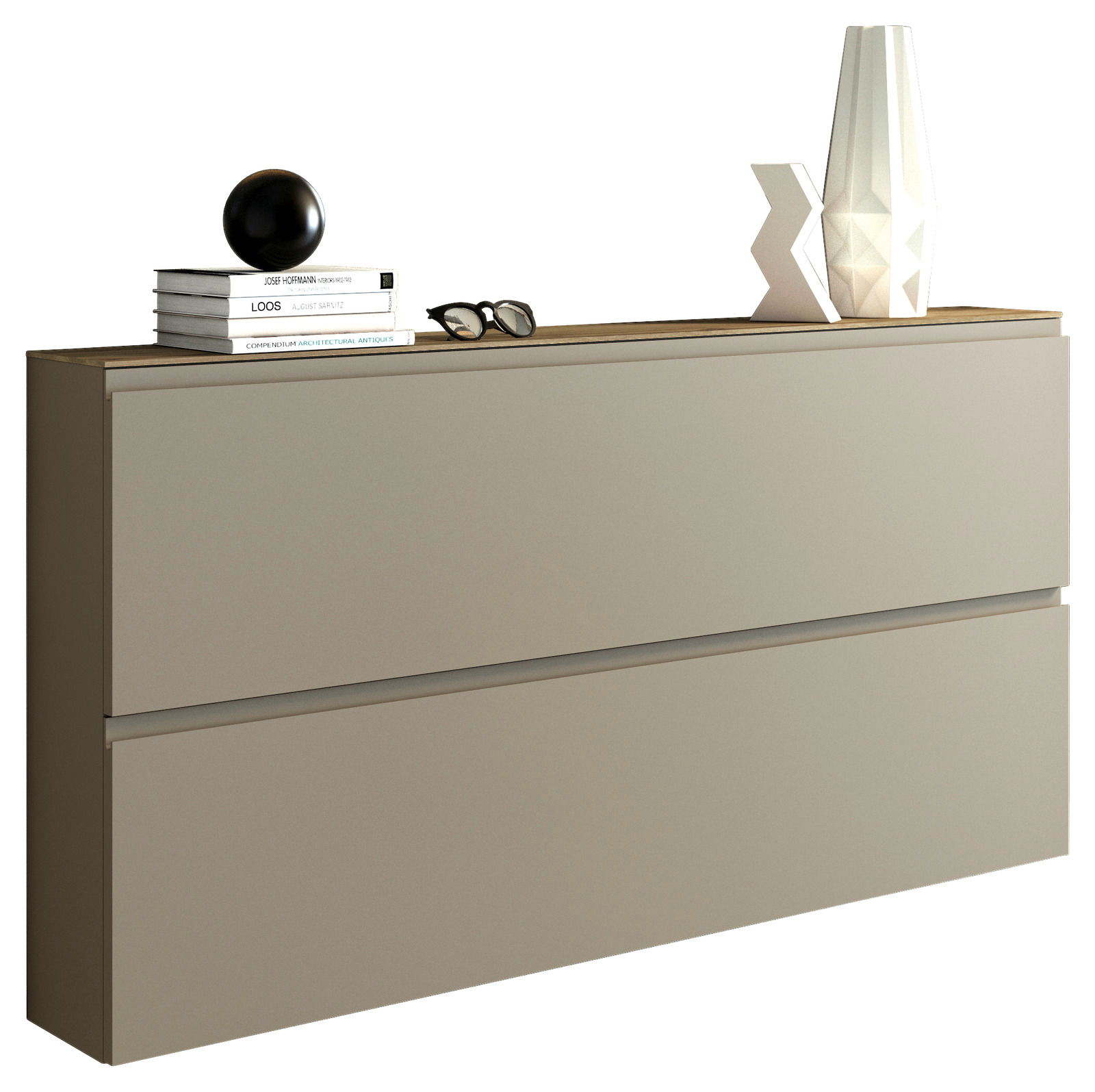 Moderner XL-Hängeschuhschrank in Beige mit zwei Schubladen, dekoriert mit Büchern, einer Vase und einer Skulptur, seitliche Perspektive