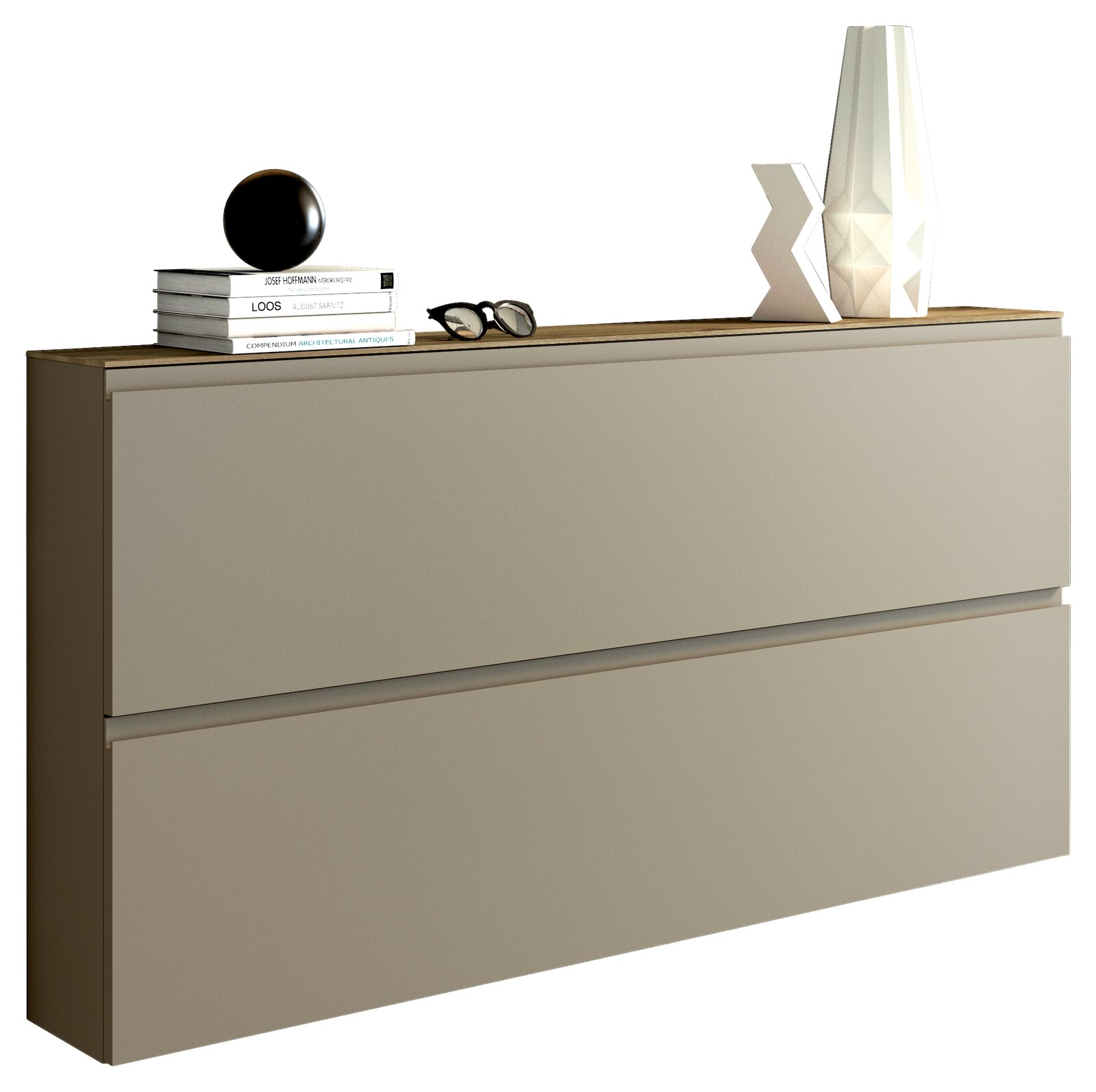 Moderner XL-Hängeschuhschrank in Beige mit zwei Schubladen, dekoriert mit Büchern, einer Vase und einer Skulptur, seitliche Perspektive