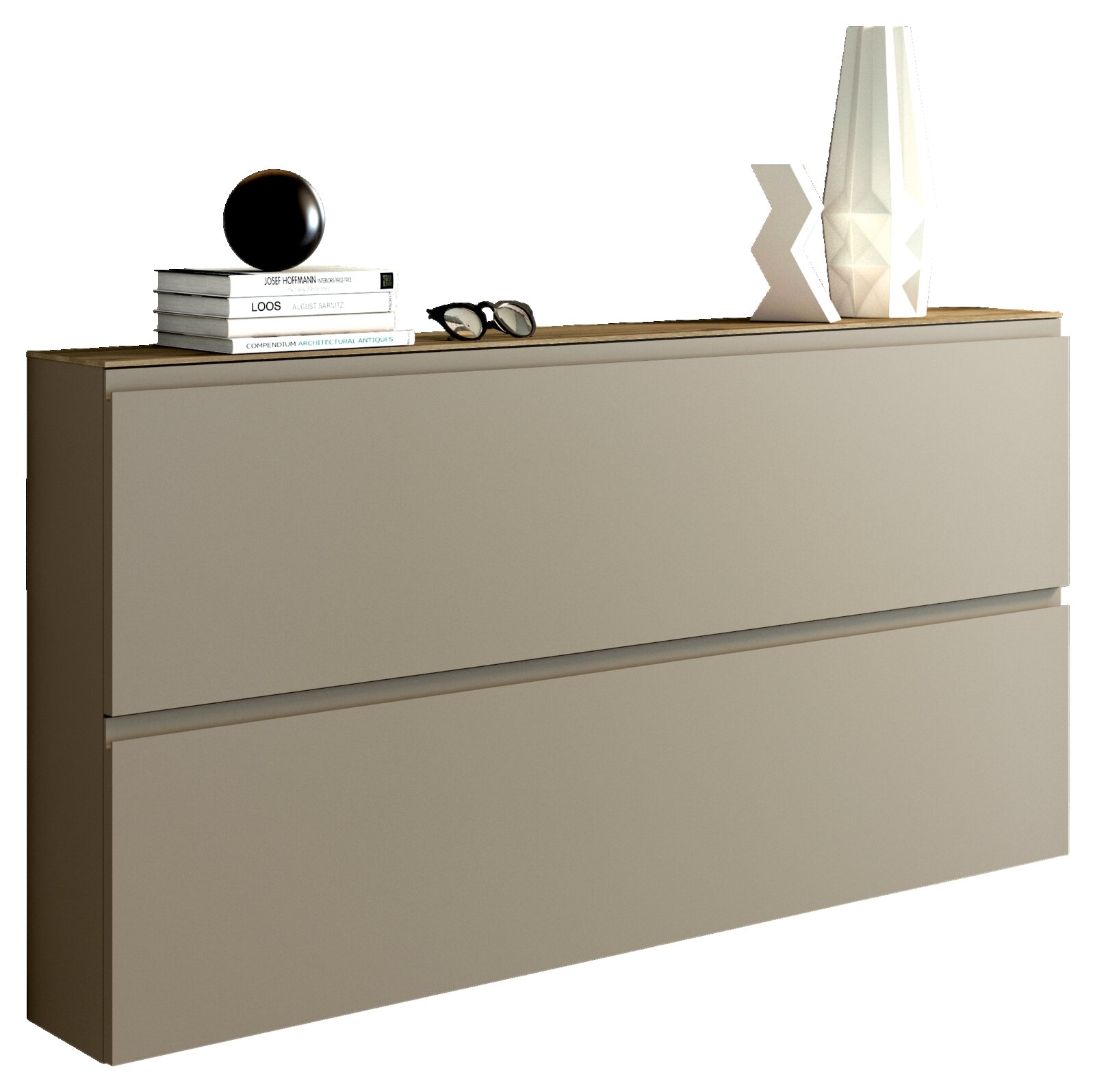 Moderner XL-Hängeschuhschrank in Beige mit zwei Schubladen, dekoriert mit Büchern, einer Vase und einer Skulptur, seitliche Perspektive