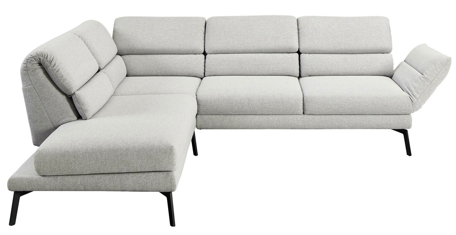 Graue Eckgarnitur mit verstellbaren Rückenlehnen, seitliche Perspektive