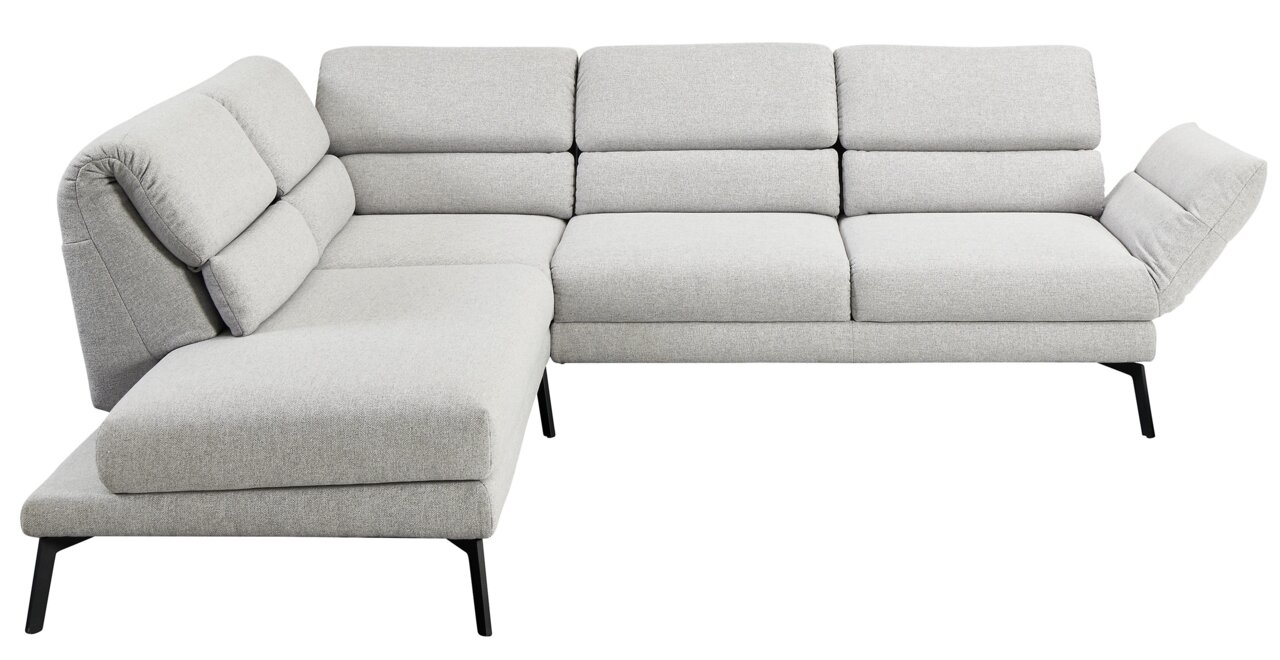 Graue Eckgarnitur mit verstellbaren Rückenlehnen, seitliche Perspektive