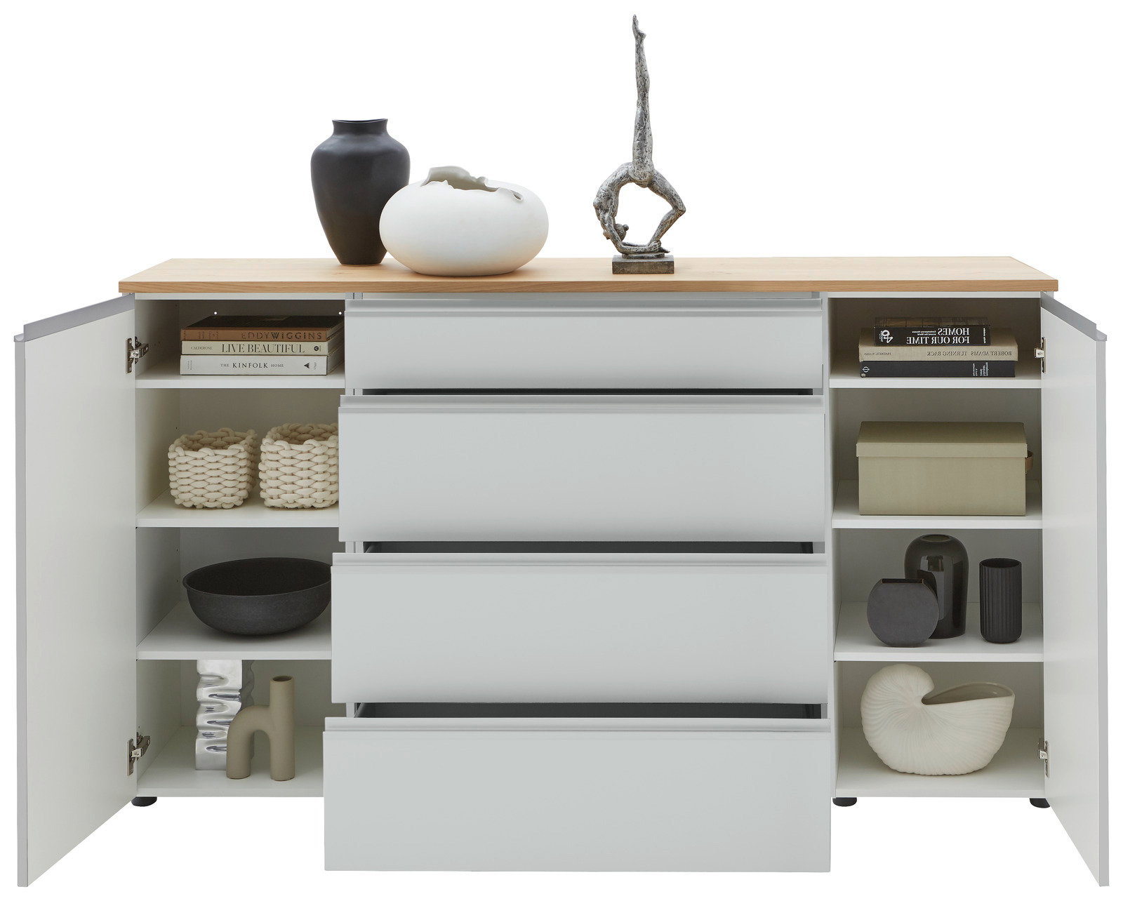 Frontale Ansicht eines Sideboards mit offenen Türen und Schubladen, dekoriert mit Vasen und Skulpturen auf der Oberseite.