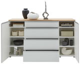 Frontale Ansicht eines Sideboards mit offenen Türen und Schubladen, dekoriert mit Vasen und Skulpturen auf der Oberseite.