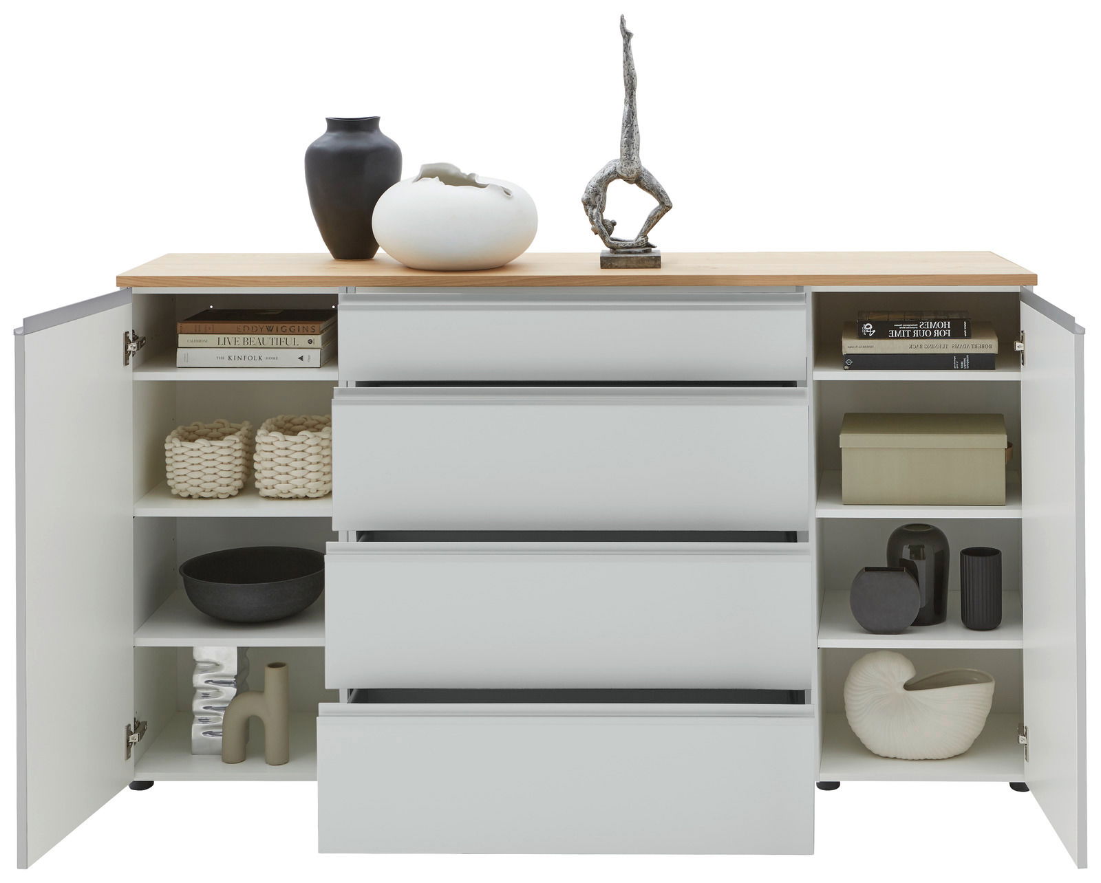 Frontale Ansicht eines Sideboards mit offenen Türen und Schubladen, dekoriert mit Vasen und Skulpturen auf der Oberseite.
