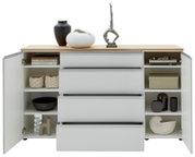 Frontale Ansicht eines Sideboards mit offenen Türen und Schubladen, dekoriert mit Vasen und Skulpturen auf der Oberseite.