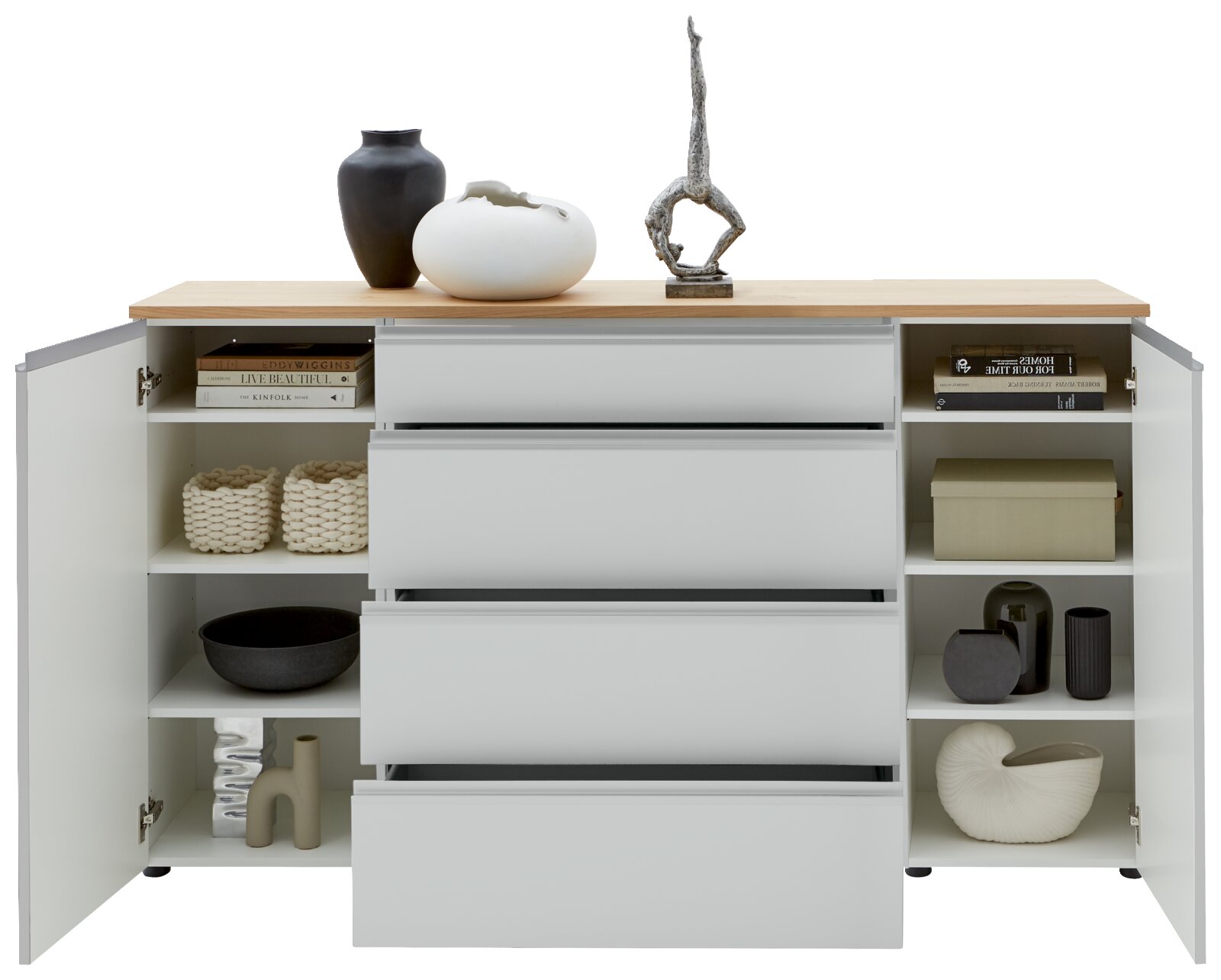 Frontale Ansicht eines Sideboards mit offenen Türen und Schubladen, dekoriert mit Vasen und Skulpturen auf der Oberseite.