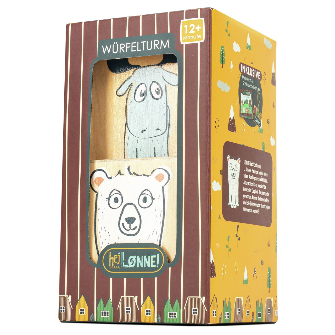 Holz-Würfelturm für Kinder ab 12 Monaten, mit Tiermotiven, in einer bunten Verpackung, seitliche Perspektive