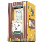 Holz-Würfelturm für Kinder ab 12 Monaten, mit Tiermotiven, in einer bunten Verpackung, seitliche Perspektive