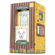 Holz-Würfelturm für Kinder ab 12 Monaten, mit Tiermotiven, in einer bunten Verpackung, seitliche Perspektive