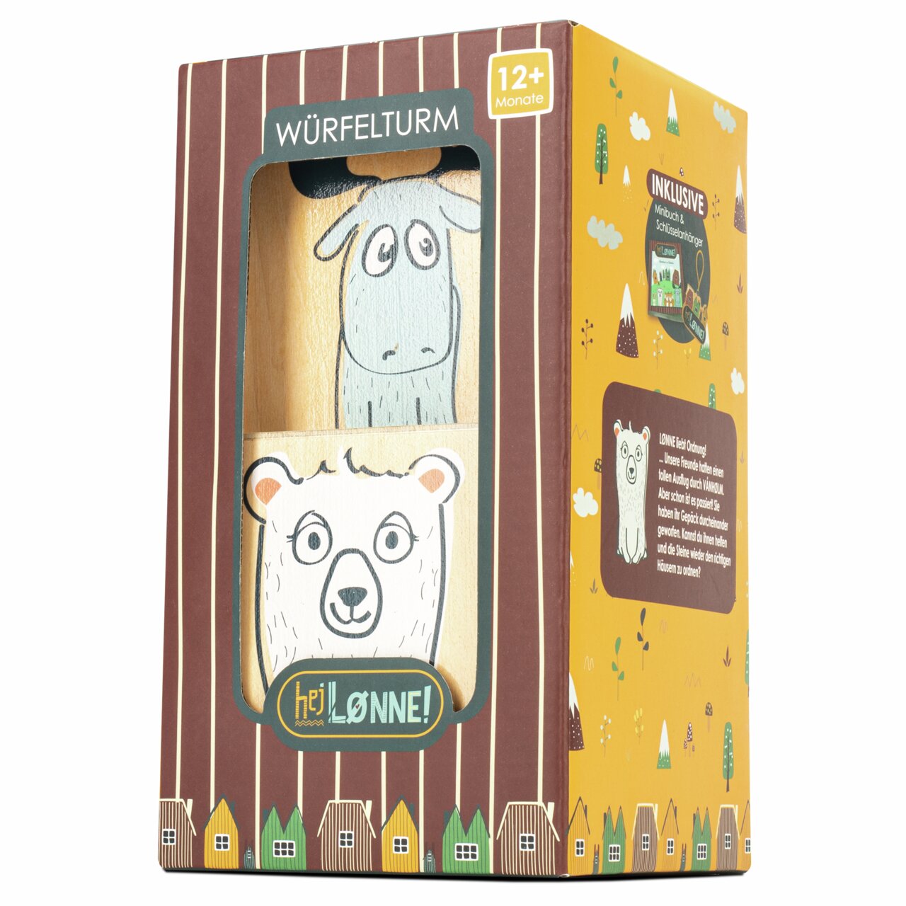 Holz-Würfelturm für Kinder ab 12 Monaten, mit Tiermotiven, in einer bunten Verpackung, seitliche Perspektive