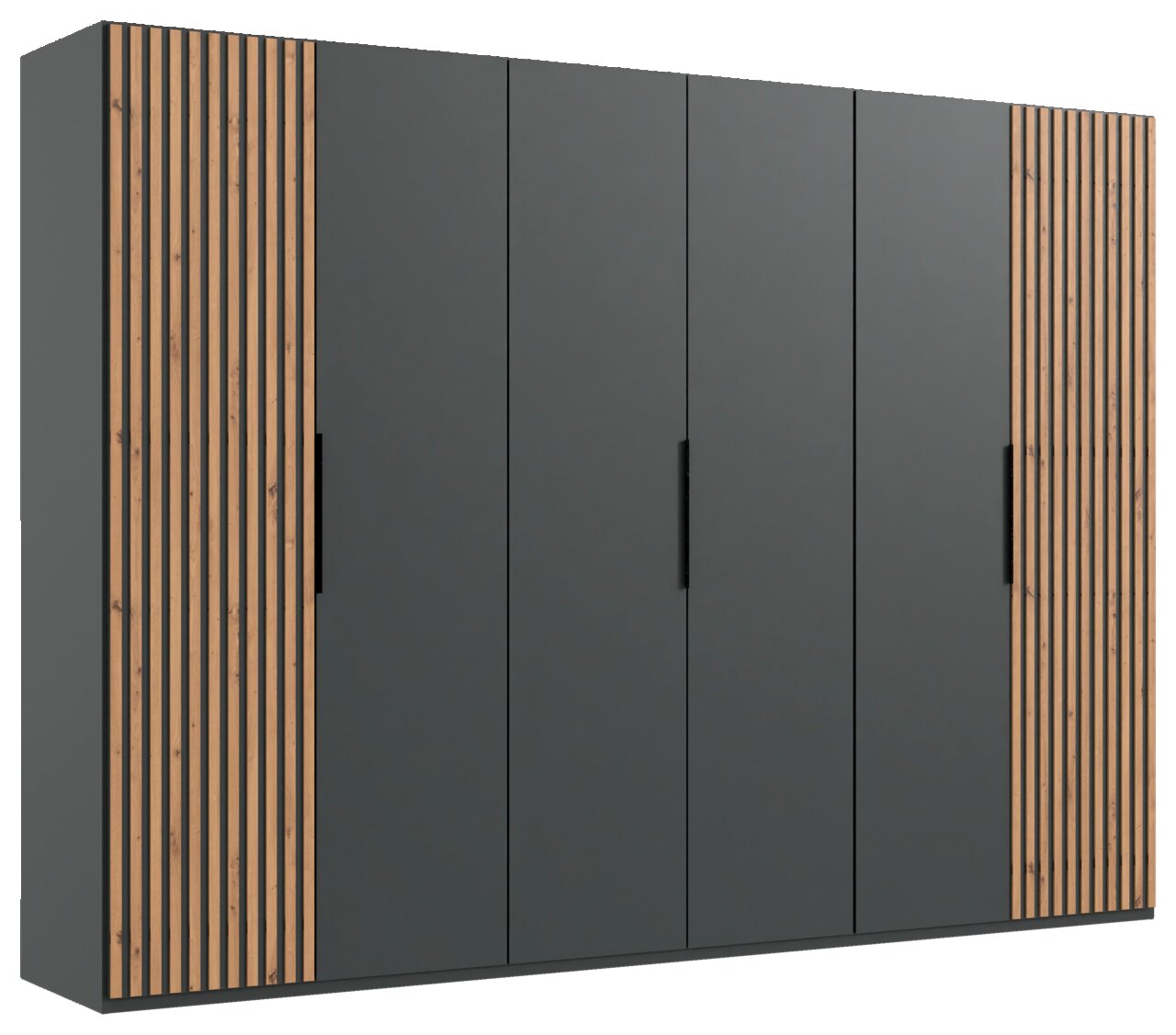 Sechstüriger Drehtürenschrank in dunklem Grau mit Holzlamellen an den Seiten, Frontalansicht