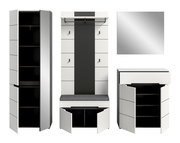 Moderne Garderobenmöbel in Weiß und Anthrazit: hoher Schrank mit geöffneter Tür, Garderobenpaneel mit Sitzbank und Haken sowie Kommode mit geöffneter Tür; Frontansicht/leicht seitliche Perspektive auf weißem Hintergrund