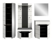 Moderne Garderobenmöbel in Weiß und Anthrazit: hoher Schrank mit geöffneter Tür, Garderobenpaneel mit Sitzbank und Haken sowie Kommode mit geöffneter Tür; Frontansicht/leicht seitliche Perspektive auf weißem Hintergrund