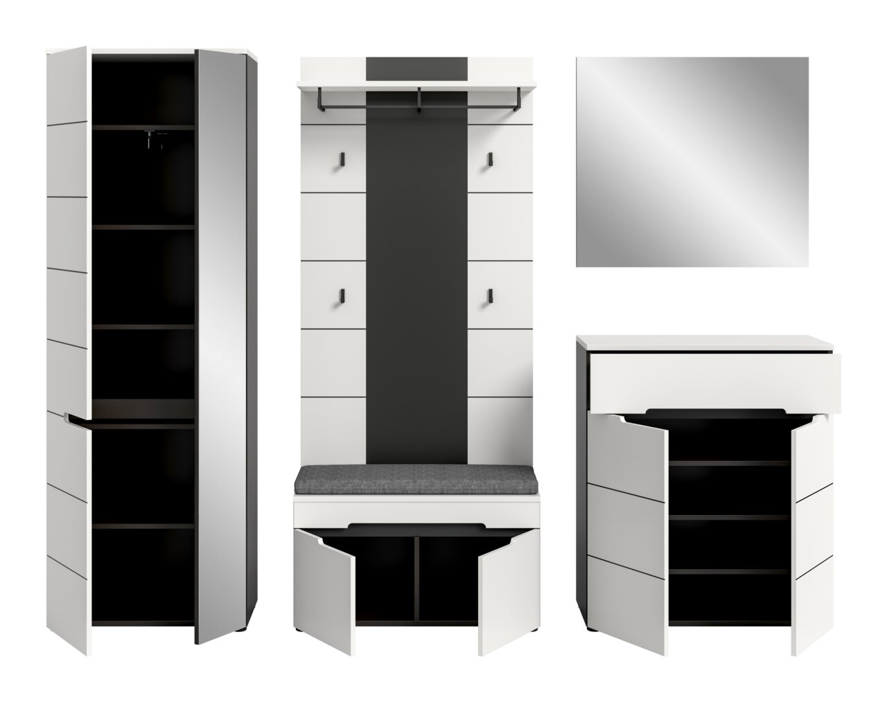 Moderne Garderobenmöbel in Weiß und Anthrazit: hoher Schrank mit geöffneter Tür, Garderobenpaneel mit Sitzbank und Haken sowie Kommode mit geöffneter Tür; Frontansicht/leicht seitliche Perspektive auf weißem Hintergrund