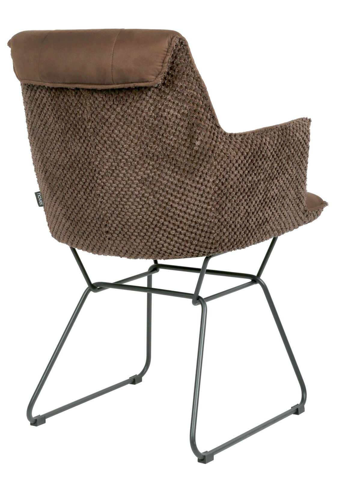 Rückansicht eines braunen Armlehnstuhls mit gepolsterter Rückenlehne und Metallgestell.