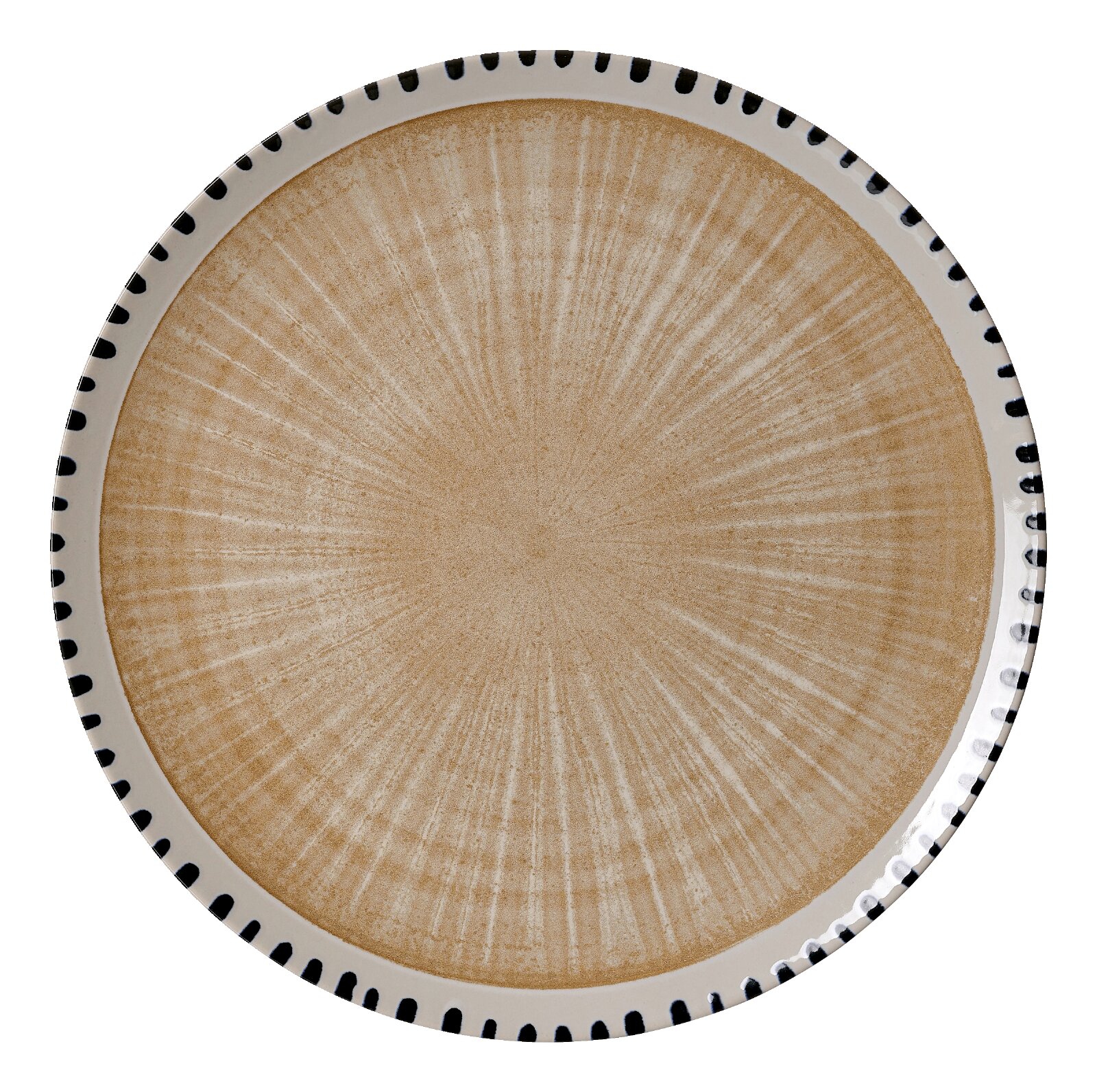 Rond beige keramisch bord met subtiel reliëf en wit-zwarte decoratieve rand, van bovenaf gezien